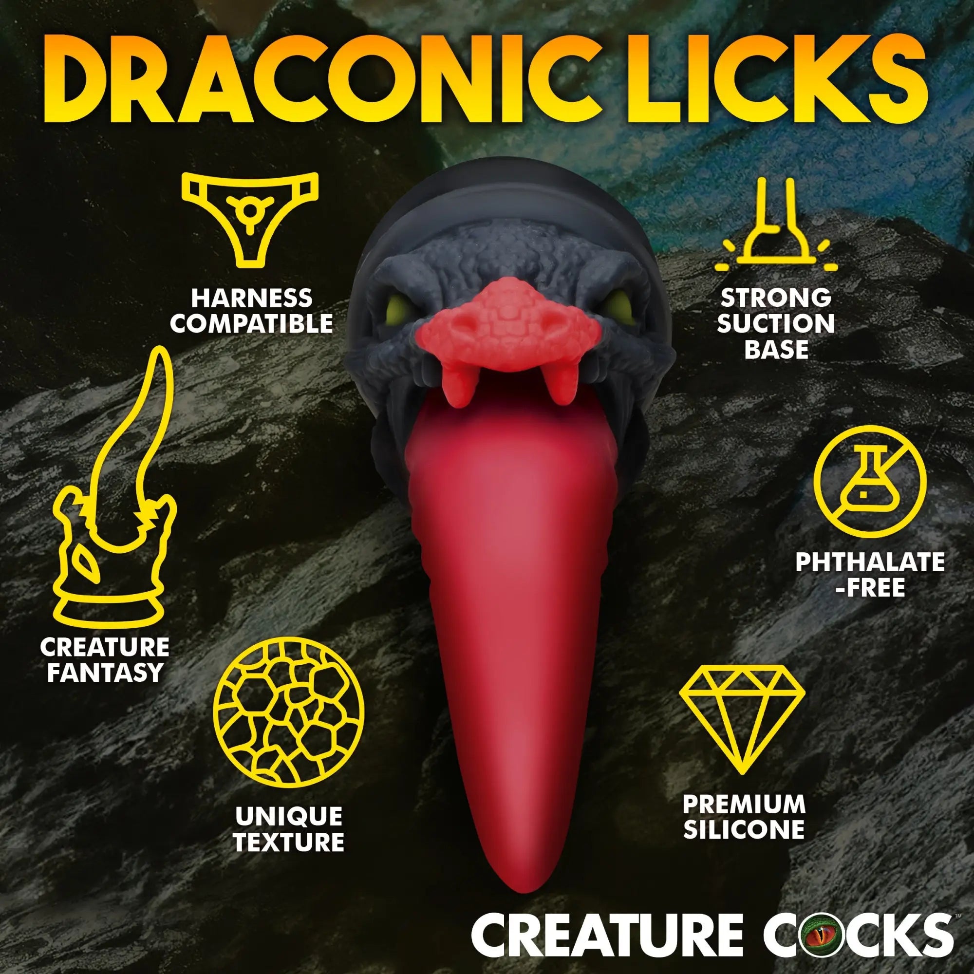 Creature Cocks Dragon Roar silicone dildo: black dragon head with a long, red tongue against a rocky background.