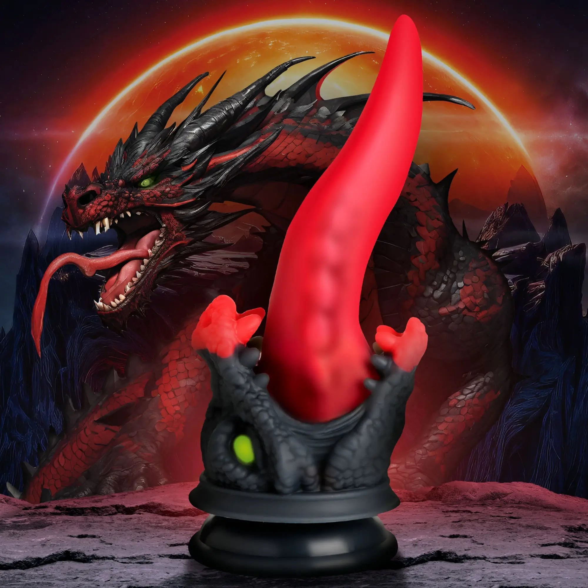 Creature Cocks Dragon Roar: A textured red silicone dildo with a black dragon-head base against a fantasy backdrop.