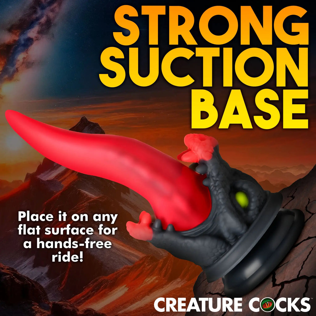 Creature Cocks Dragon Roar silicone dildo: a red, curved, dragon-themed toy with a black base and suction cup.