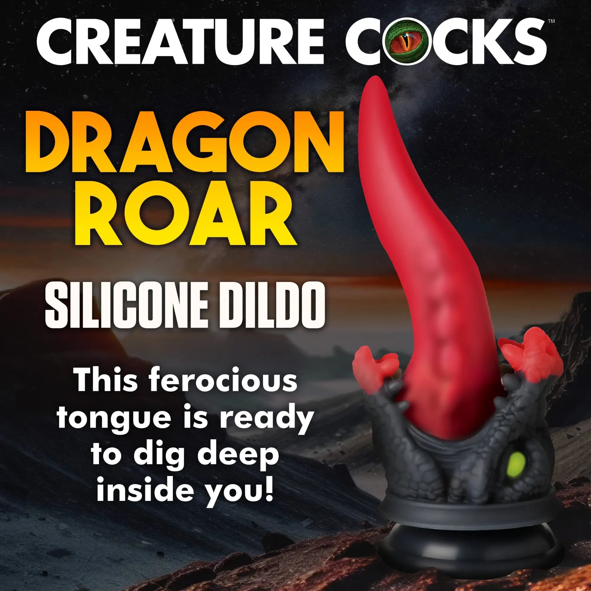 Creature Cocks Dragon Roar: A red, textured dragon-tongue silicone dildo with a black, scaly base and green eye.
