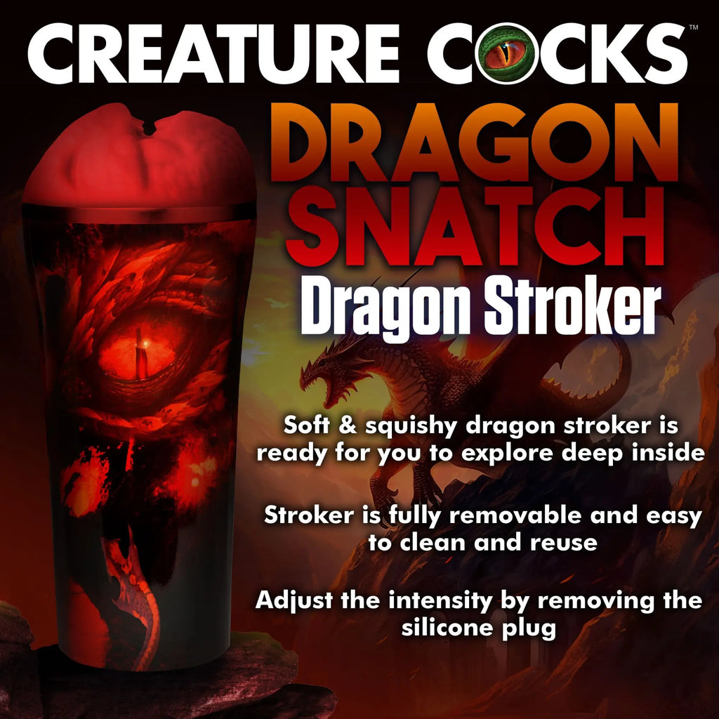 Creature Cocks Dragon Snatch Stroker: a red and black, cylindrical sleeve with dragon-eye art and a soft red top.
