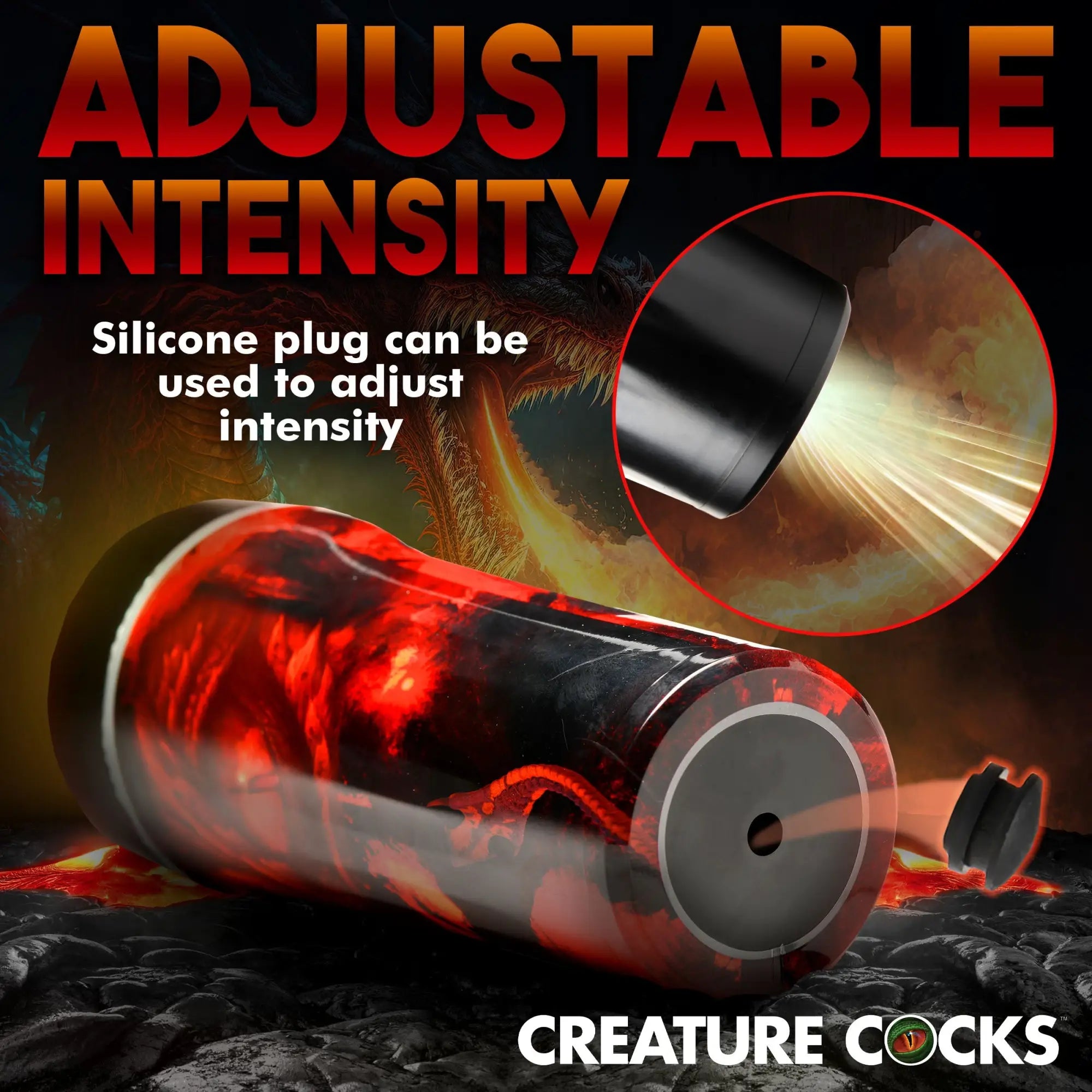 Creature Cocks Dragon Snatch stroker with a black and red dragon-themed finish and removable air-flow silicone plug.