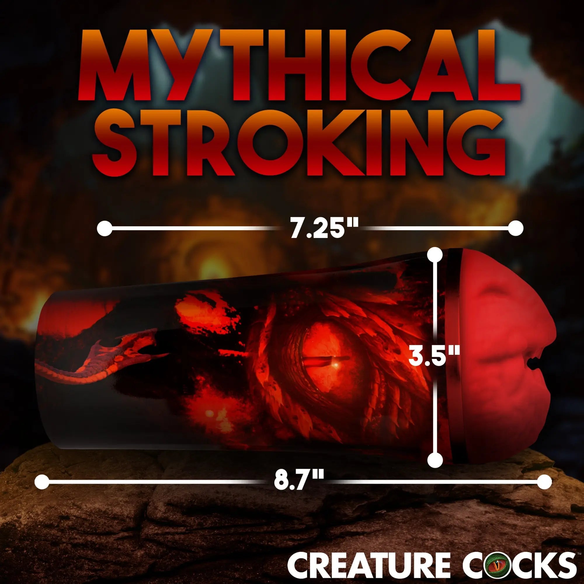 Creature Cocks Dragon Snatch stroker with a black and red dragon-themed casing and red textured inner sleeve.