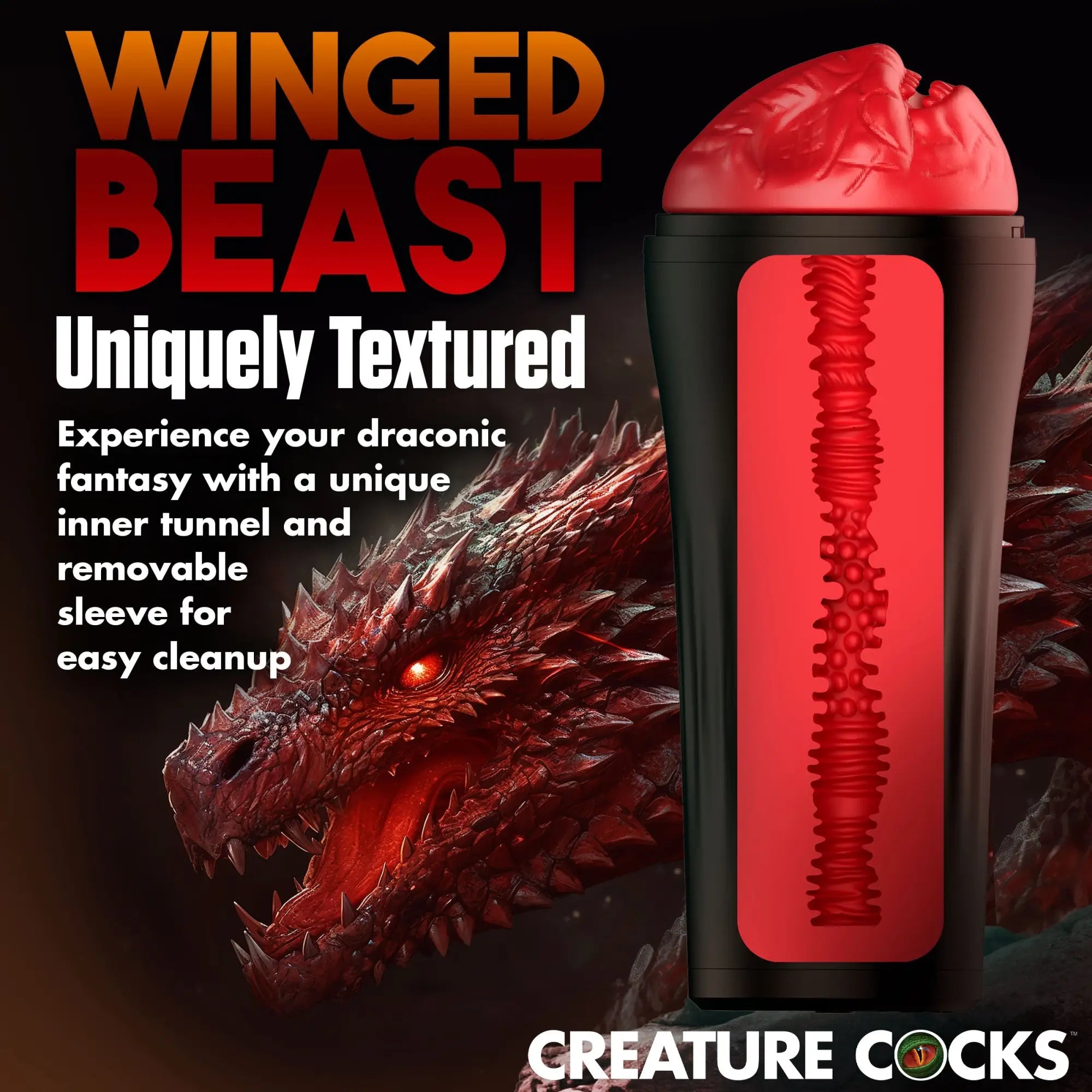 Creature Cocks Dragon Snatch stroker with a black case and a red, textured internal sleeve featuring dragon imagery.