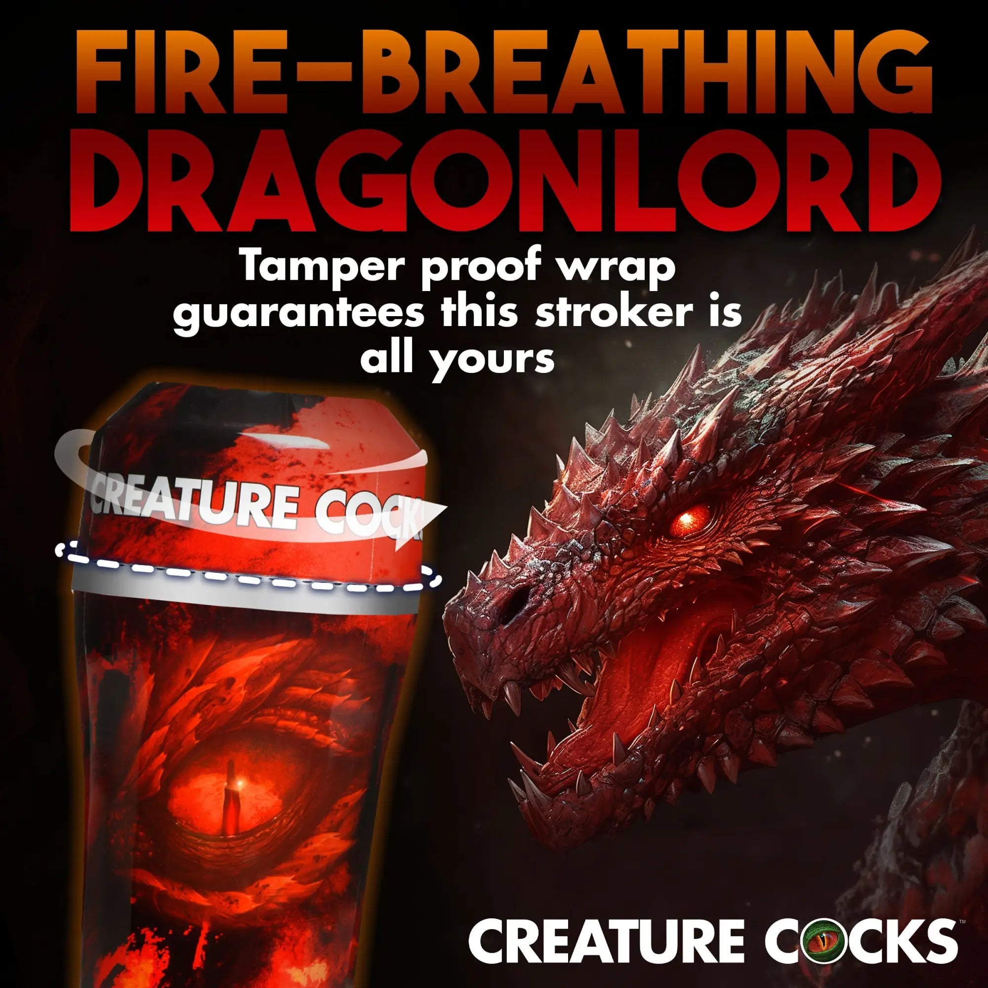 Creature Cocks Dragon Snatch stroker with red dragon-themed wrap, featuring a fiery scale pattern and dragon eye art.