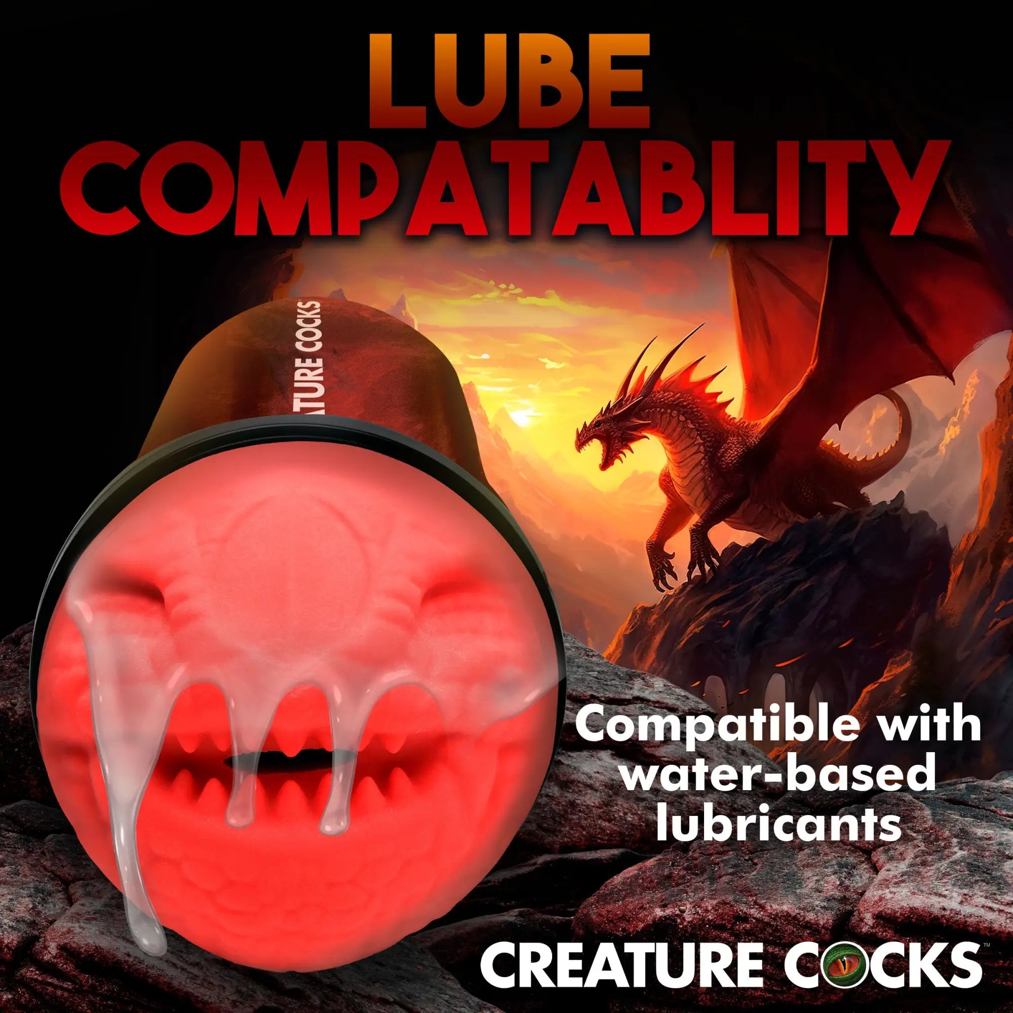 Creature Cocks Dragon Snatch stroker with red, textured interior and dragon background; compatible with water-based lube.
