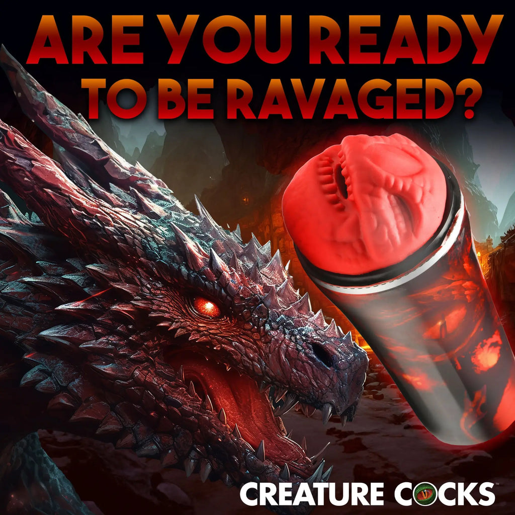Creature Cocks Dragon Snatch stroker with a textured red sleeve, against a fantasy dragon backdrop.