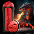 Creature Cocks Dragon Snatch stroker with a textured red sleeve and black casing, set against a fiery dragon background.