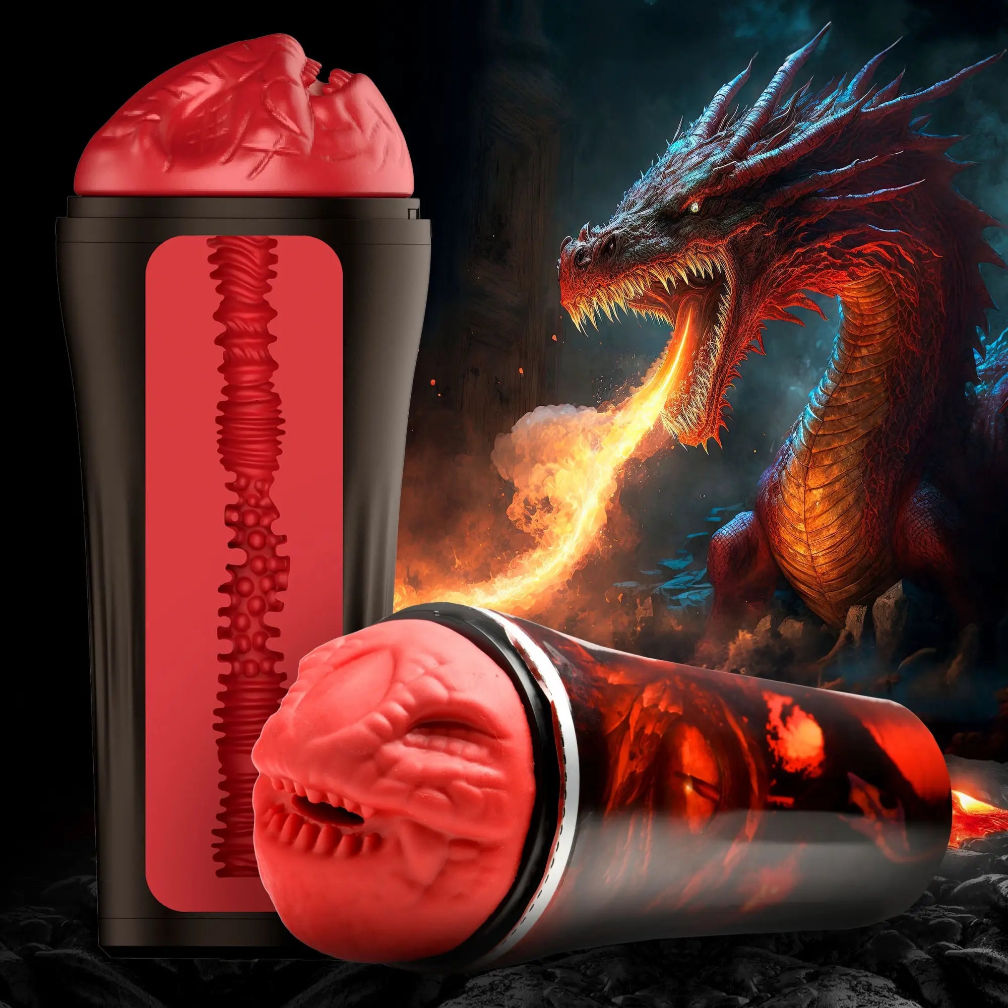 Creature Cocks Dragon Snatch stroker with a textured red sleeve and black casing, set against a fiery dragon background.