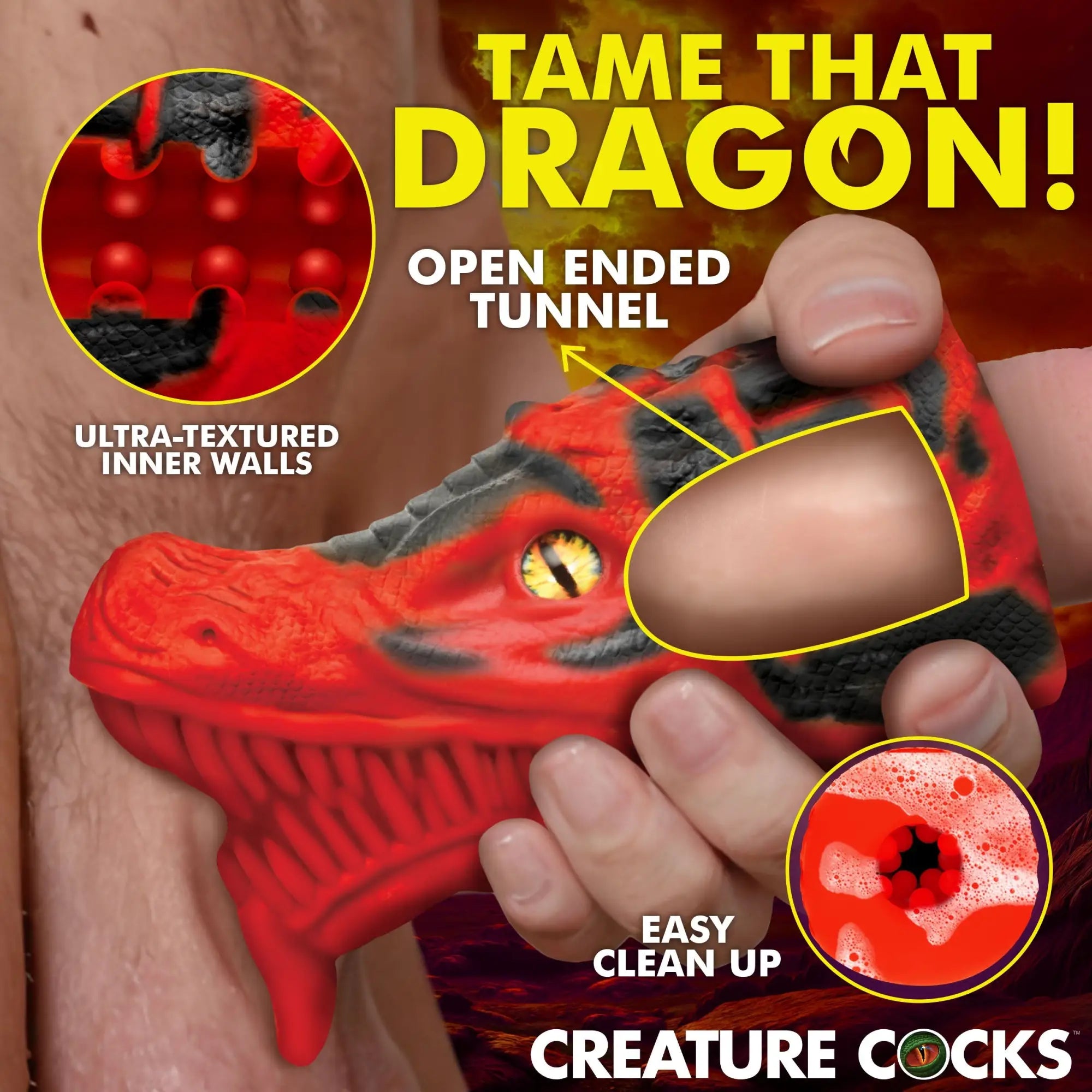 Creature Cocks Dragon Tamer red and black silicone stroker with a textured dragon head design and open-ended tunnel.