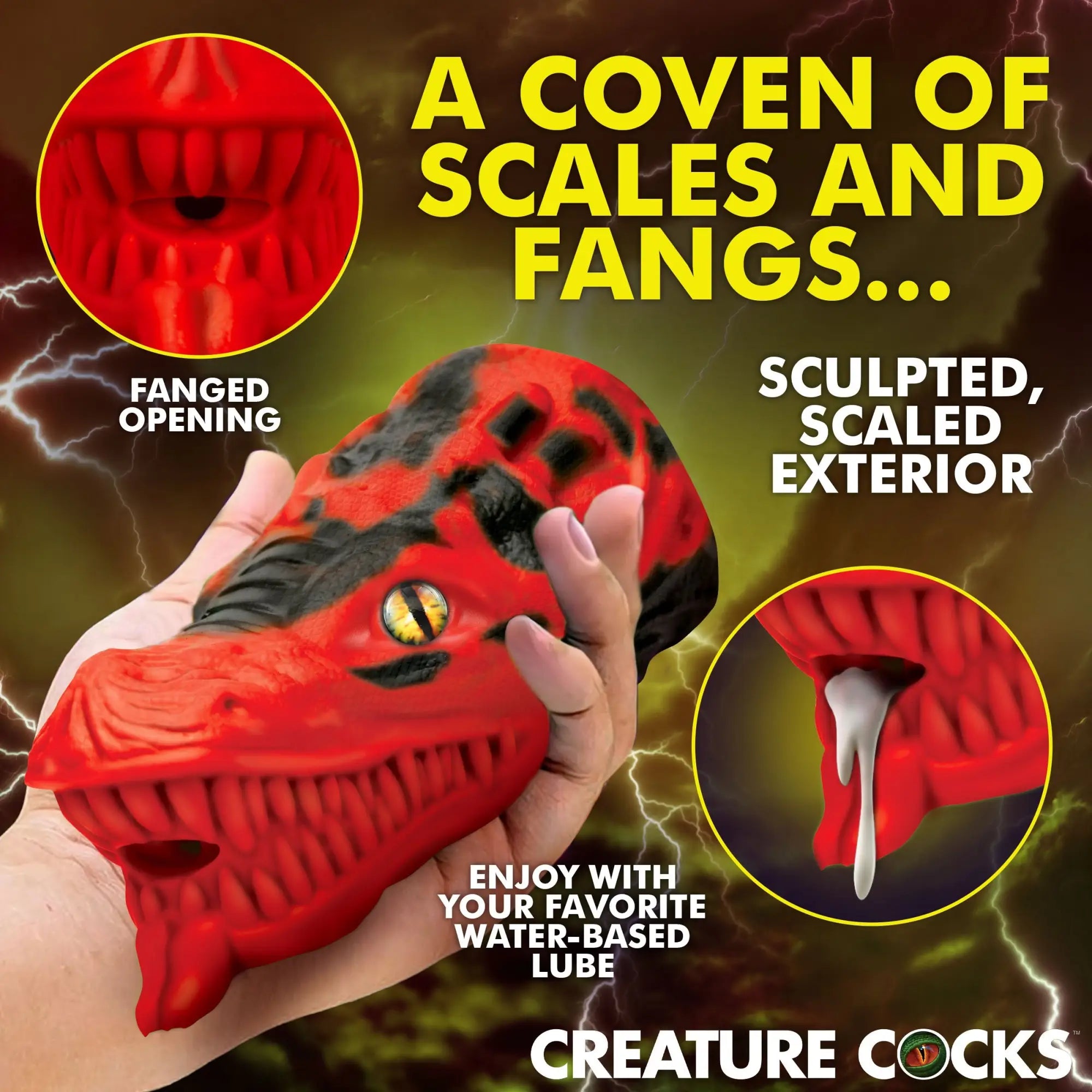Creature Cocks Dragon Tamer red and black silicone stroker with a textured dragon scale exterior and a fanged opening.