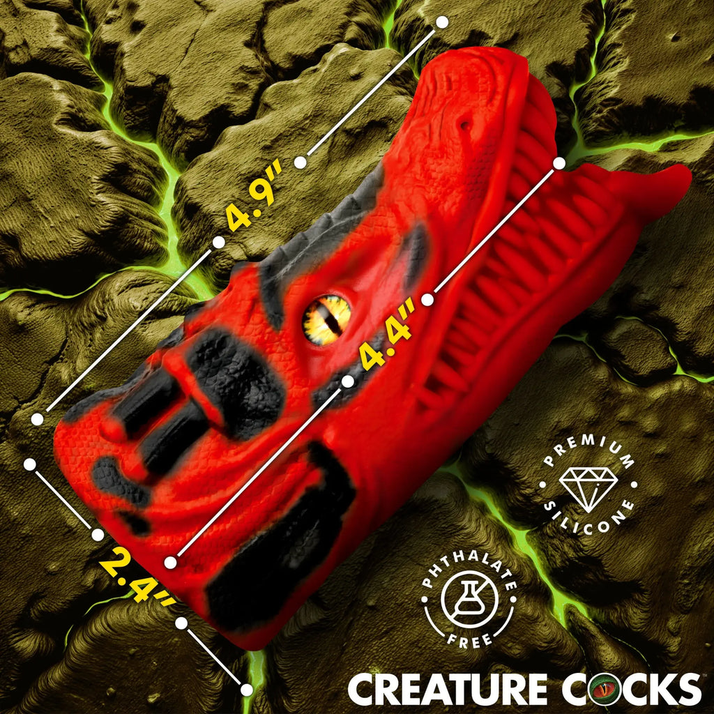 Creature Cocks Dragon Tamer red and black textured silicone stroker with dimensional measurement overlays.