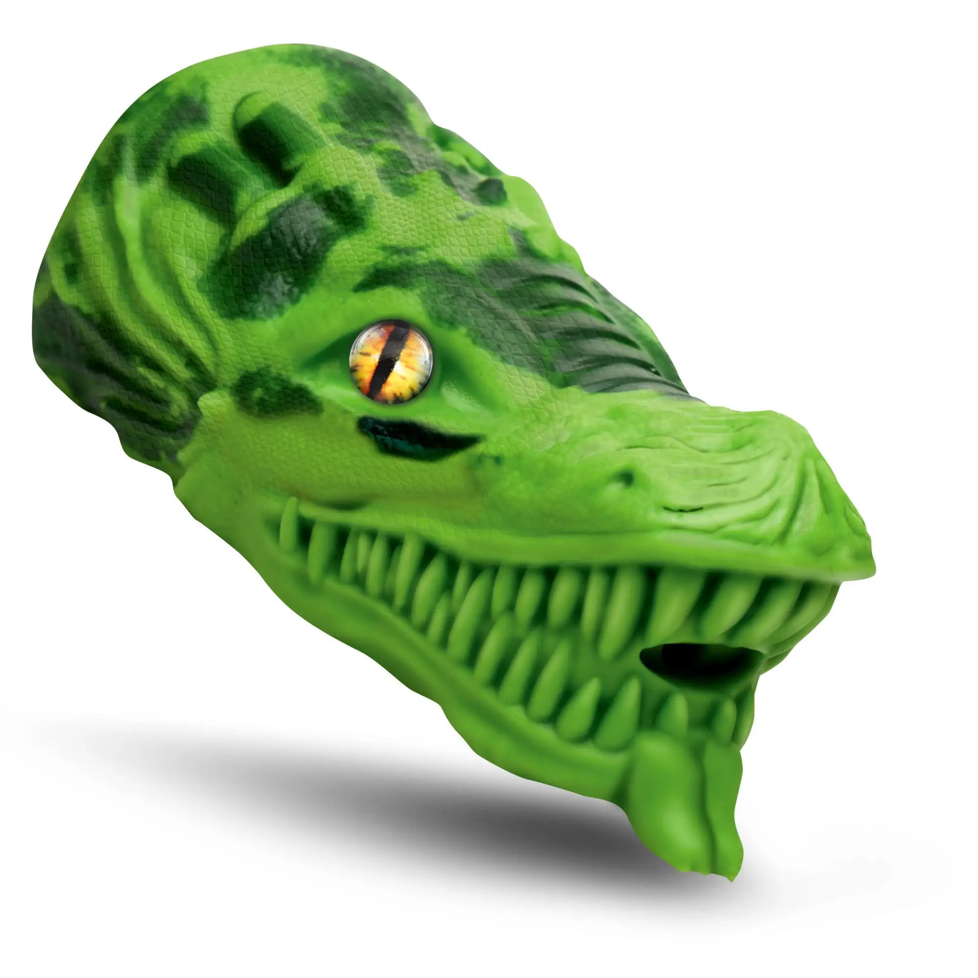 Creature Cocks Dragon Tamer stroker: bright green, textured silicone dragon head with a realistic yellow reptilian eye.