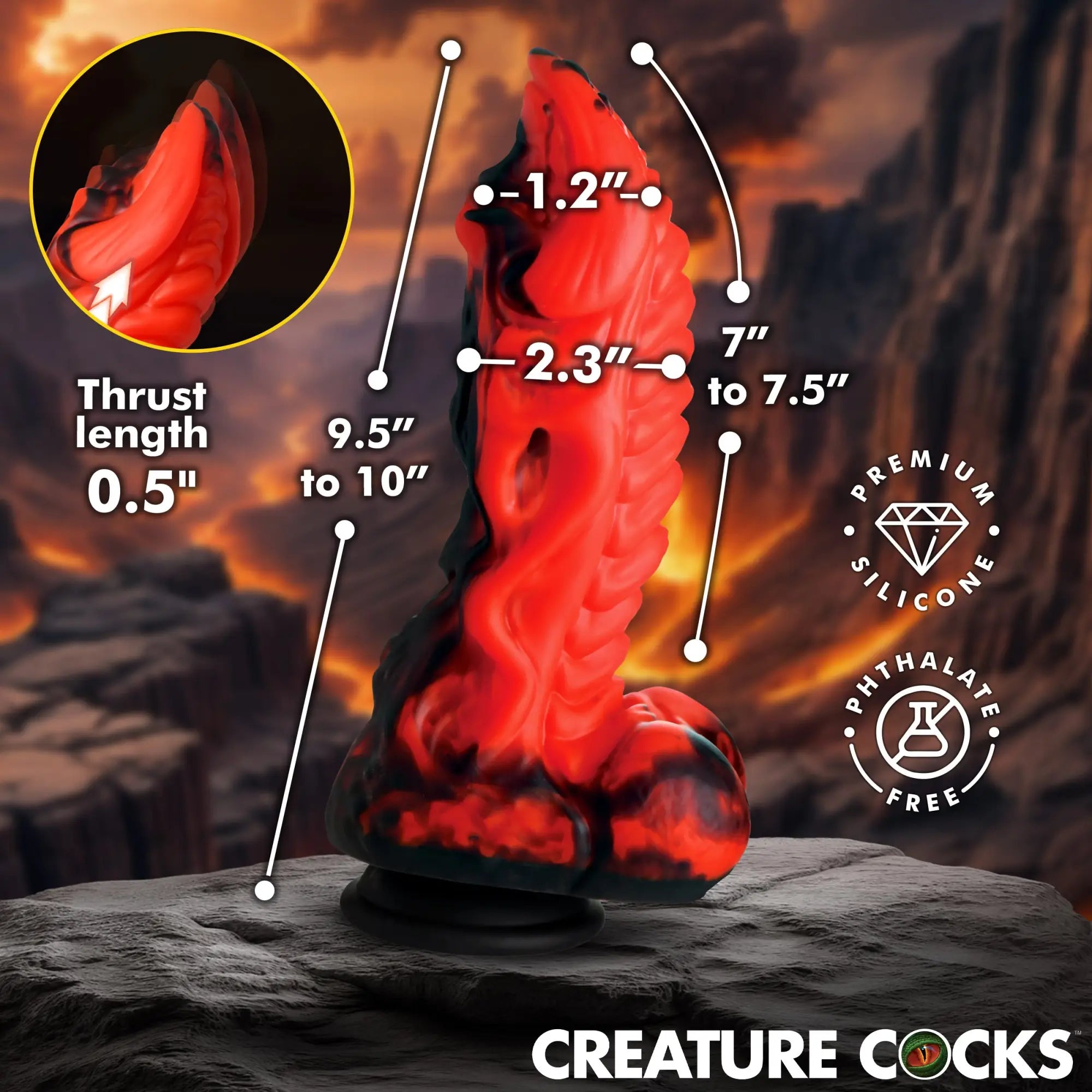 Creature Cocks red and black dragon-style silicone dildo with thrusting and vibration, showing dimensions on rock.