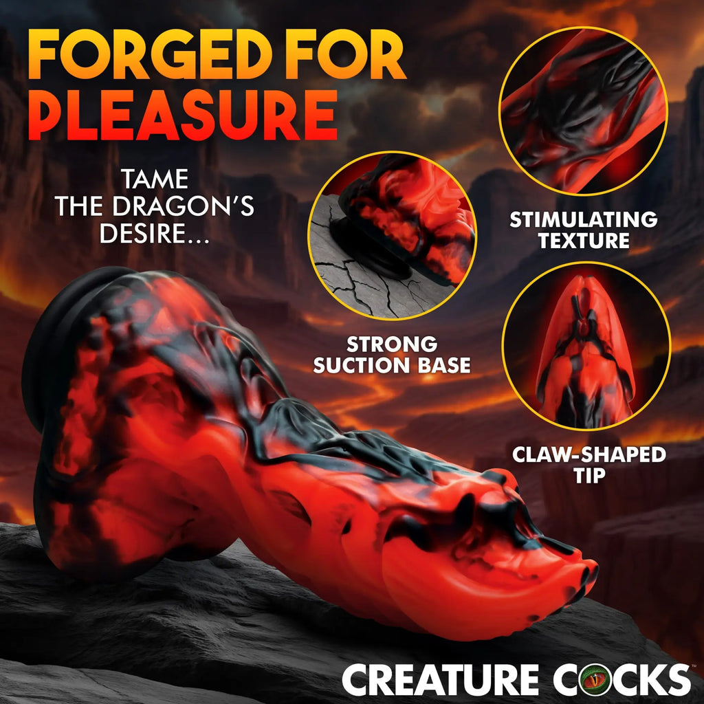 Creature Cocks Dragon dildo: a red and black marbled, textured silicone toy with a claw-shaped tip and suction base.