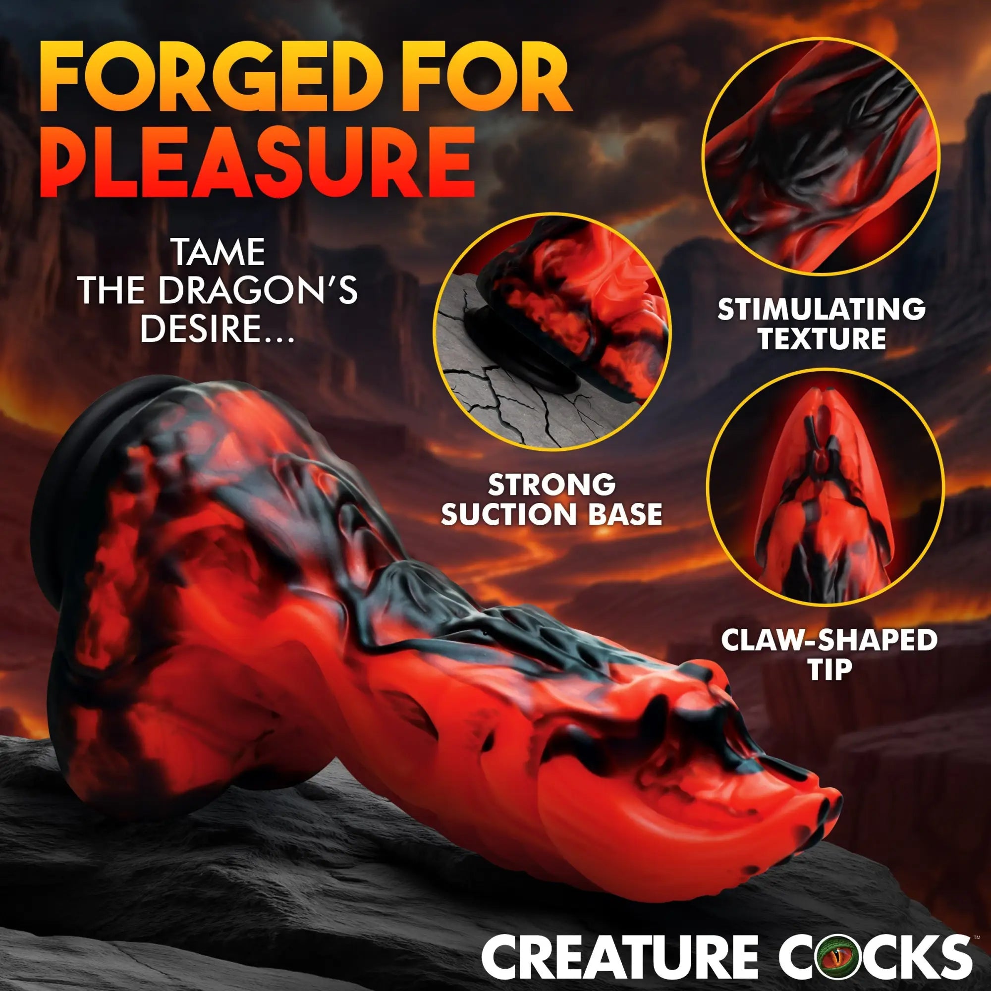 Creature Cocks Dragon dildo: a red and black marbled, textured silicone toy with a claw-shaped tip and suction base.