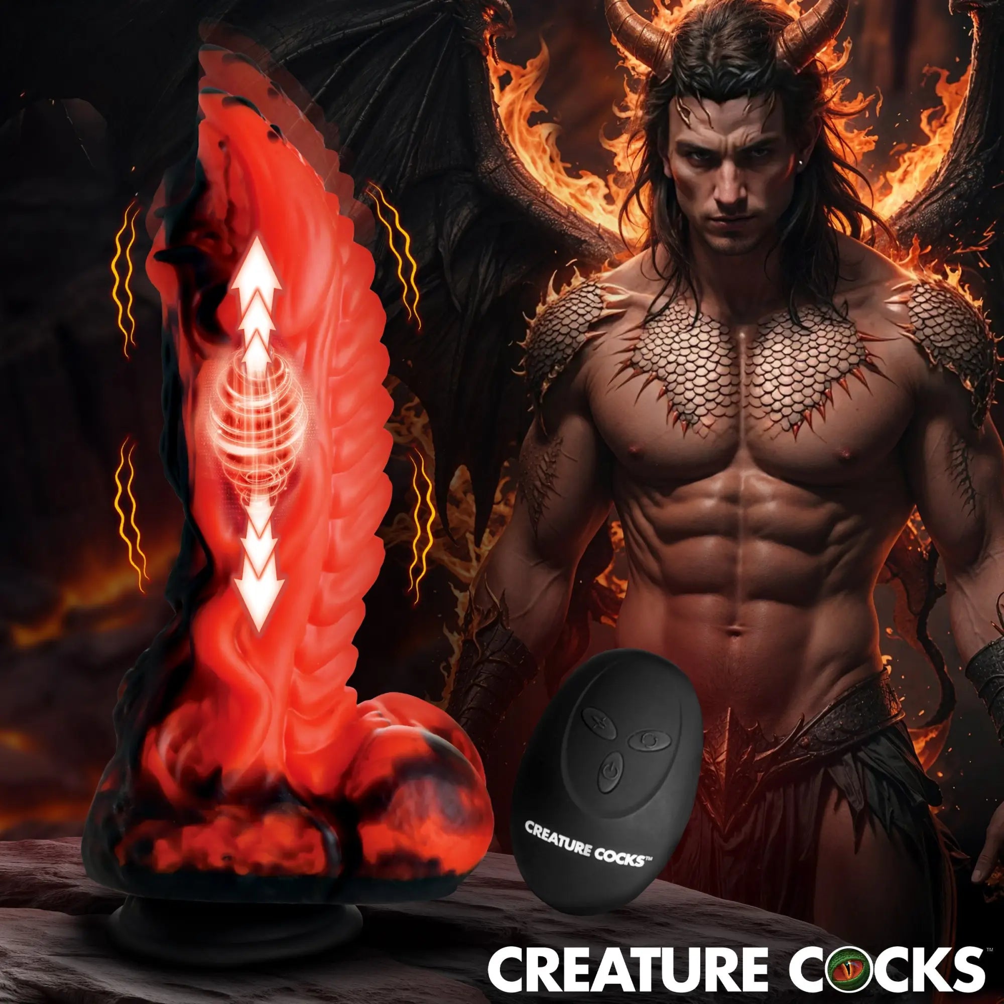 Creature Cocks Dragon Thrust red and black silicone vibrating dildo with remote, shown with a fiery dragon-man background.
