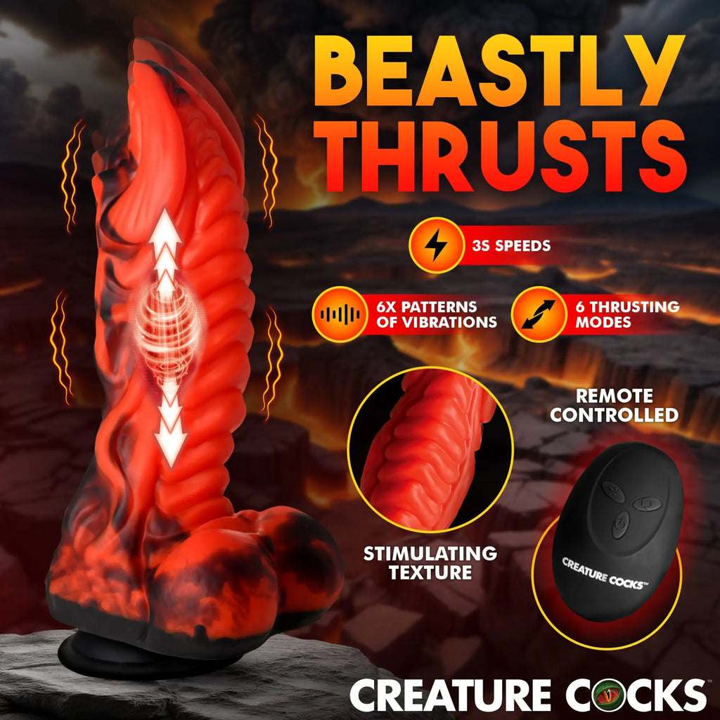 Creature Cocks Dragon Thrust dildo in red and black marbled silicone with vibrating/thrusting features and remote control.