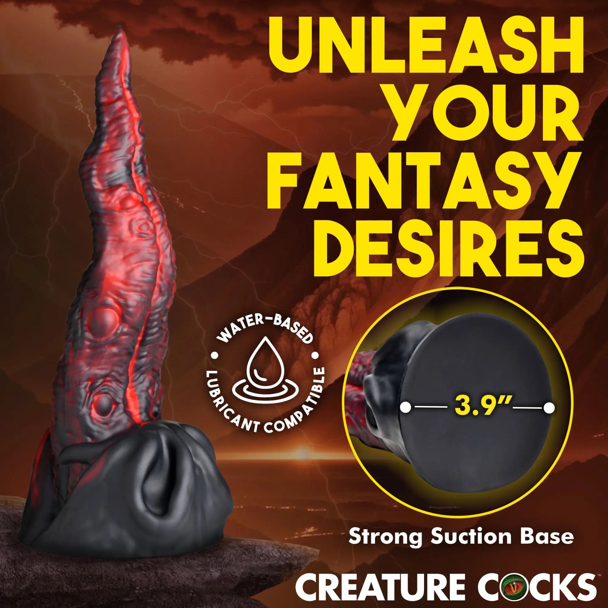 Creature Cocks Dragon Tongue silicone dildo in black with red highlights, featuring a textured design and suction base.