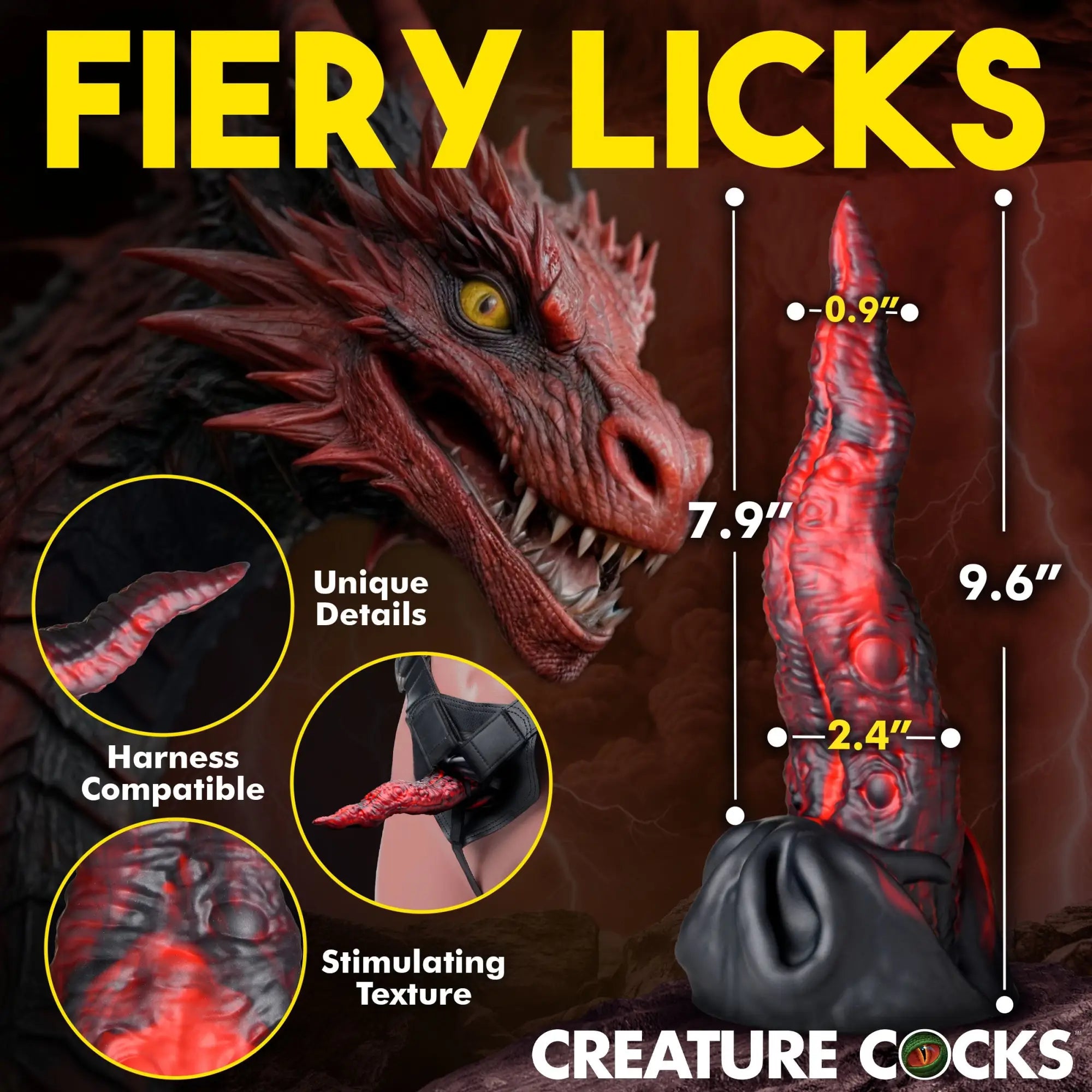 Creature Cocks Dragon Tongue silicone dildo in black and red with textured details and harness-compatible base.