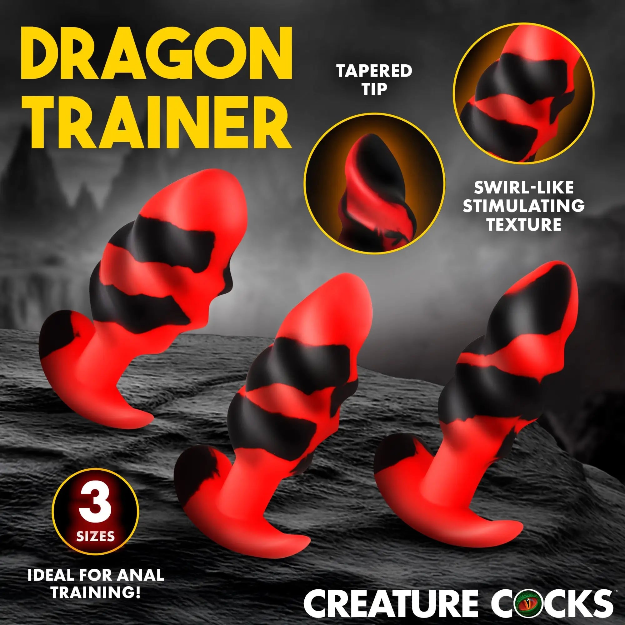 Creature Cocks Dragon Trainer silicone butt plug set in red and black with tapered, swirl-textured designs in 3 sizes.