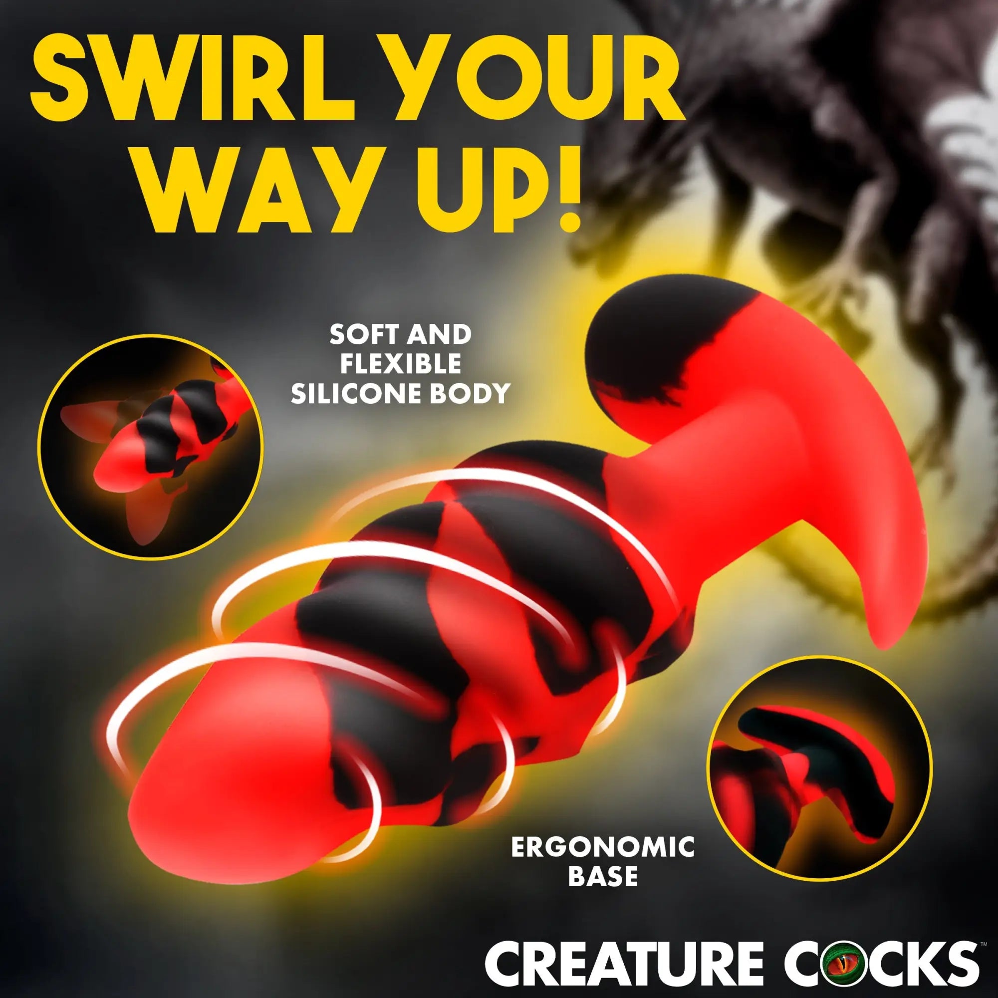 Creature Cocks Dragon Trainer silicone butt plug, featuring a red and black swirled, ribbed design with a T-shaped base.
