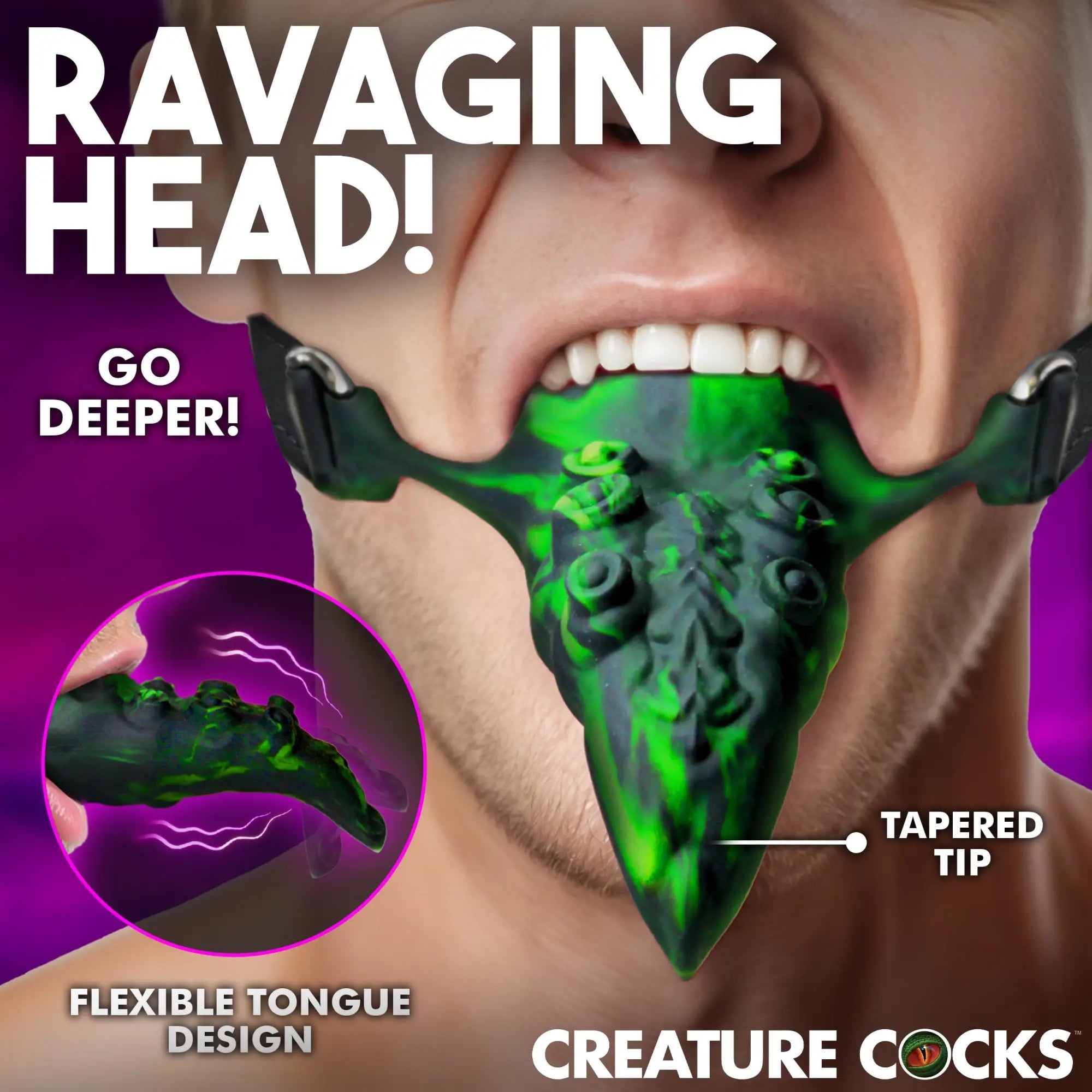 Creature Cocks Dragon's Lick: A green-and-black textured silicone vibrating oral enhancer worn in the mouth with straps.