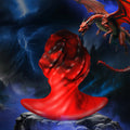 Creature Cocks Dragonspawn silicone butt plug in marbled red and black against a stormy fantasy dragon background.
