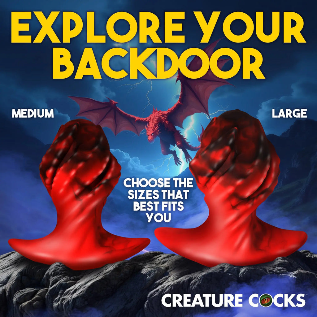 Two red silicone Creature Cocks Dragonspawn butt plugs in medium and large sizes against a stormy dragon background.