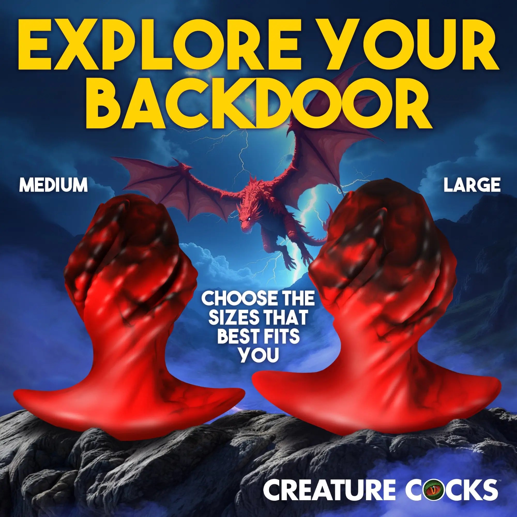 Two red silicone Creature Cocks Dragonspawn butt plugs in medium and large sizes against a stormy dragon background.