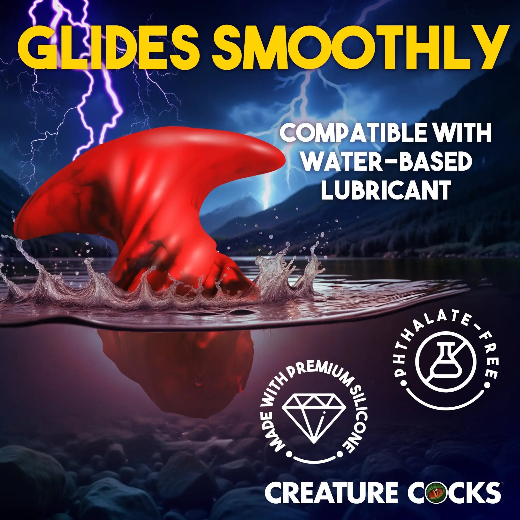 A red, dragon-themed Creature Cocks Dragonspawn silicone butt plug splashing into a lake during a thunderstorm.