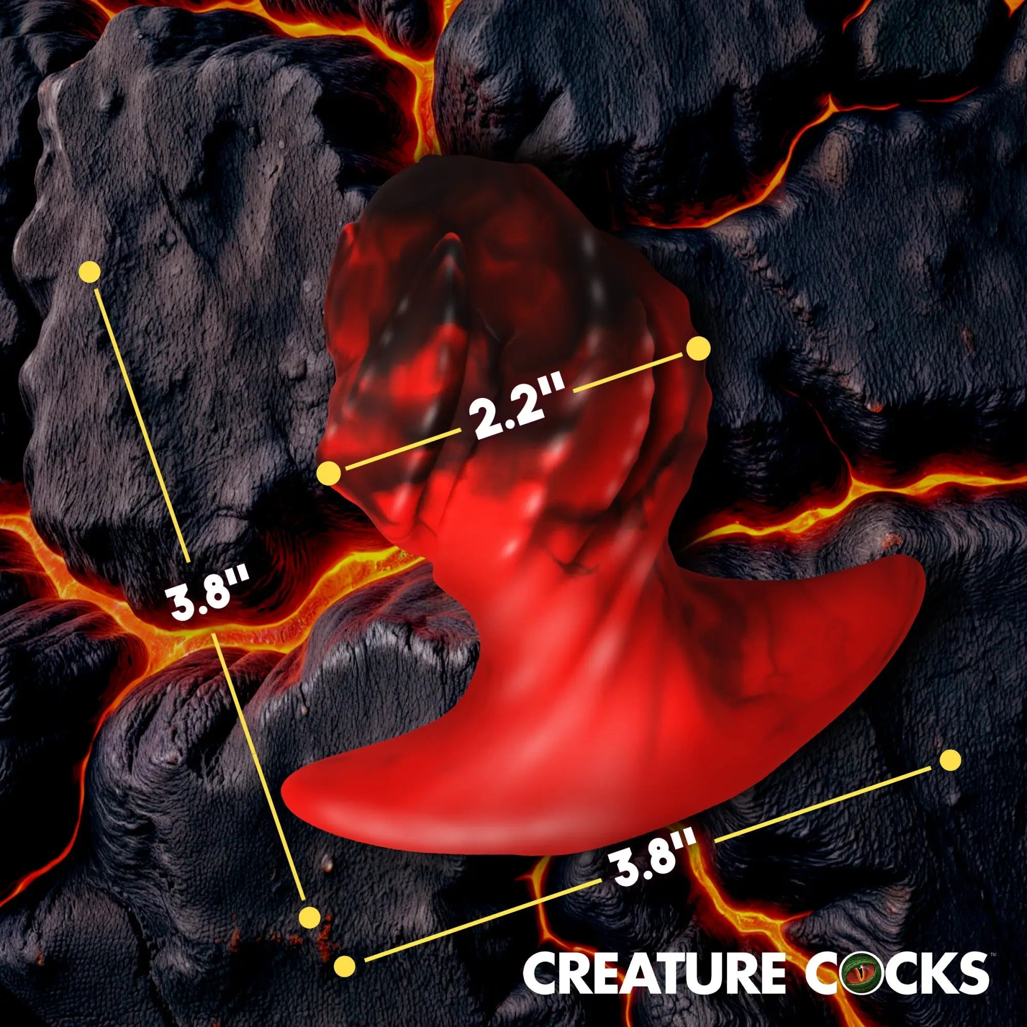 Creature Cocks Dragonspawn silicone butt plug, textured red and black dragon-style design with labeled dimensions.