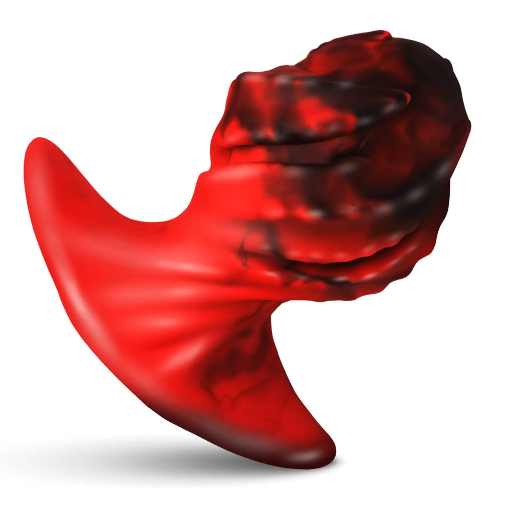 Creature Cocks Dragonspawn silicone butt plug with a textured, fantasy-style head and red-to-black marbled coloration.