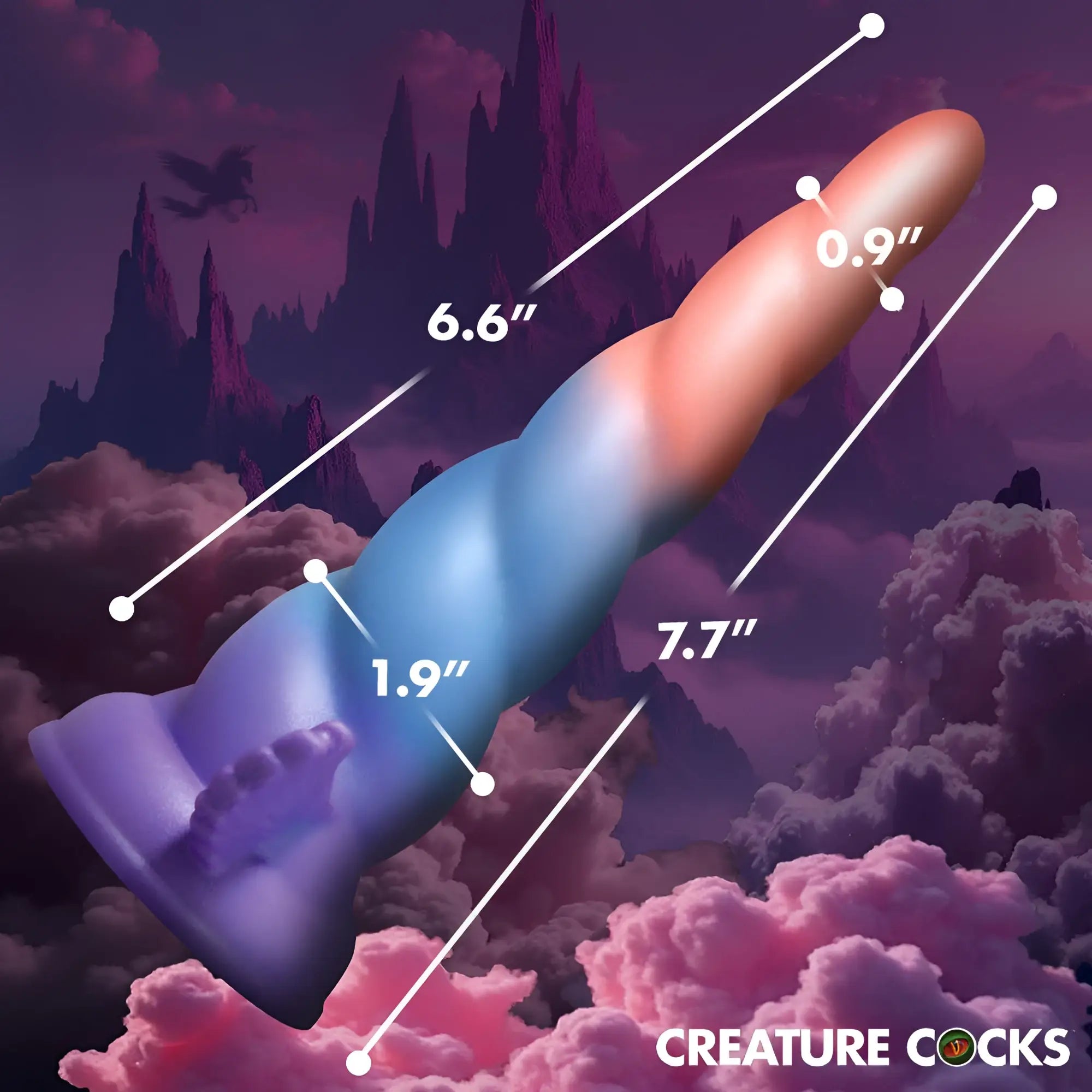 Creature Cocks Dream Rider dildo in a purple, blue, and peach gradient with dimension labels against a fantasy backdrop.