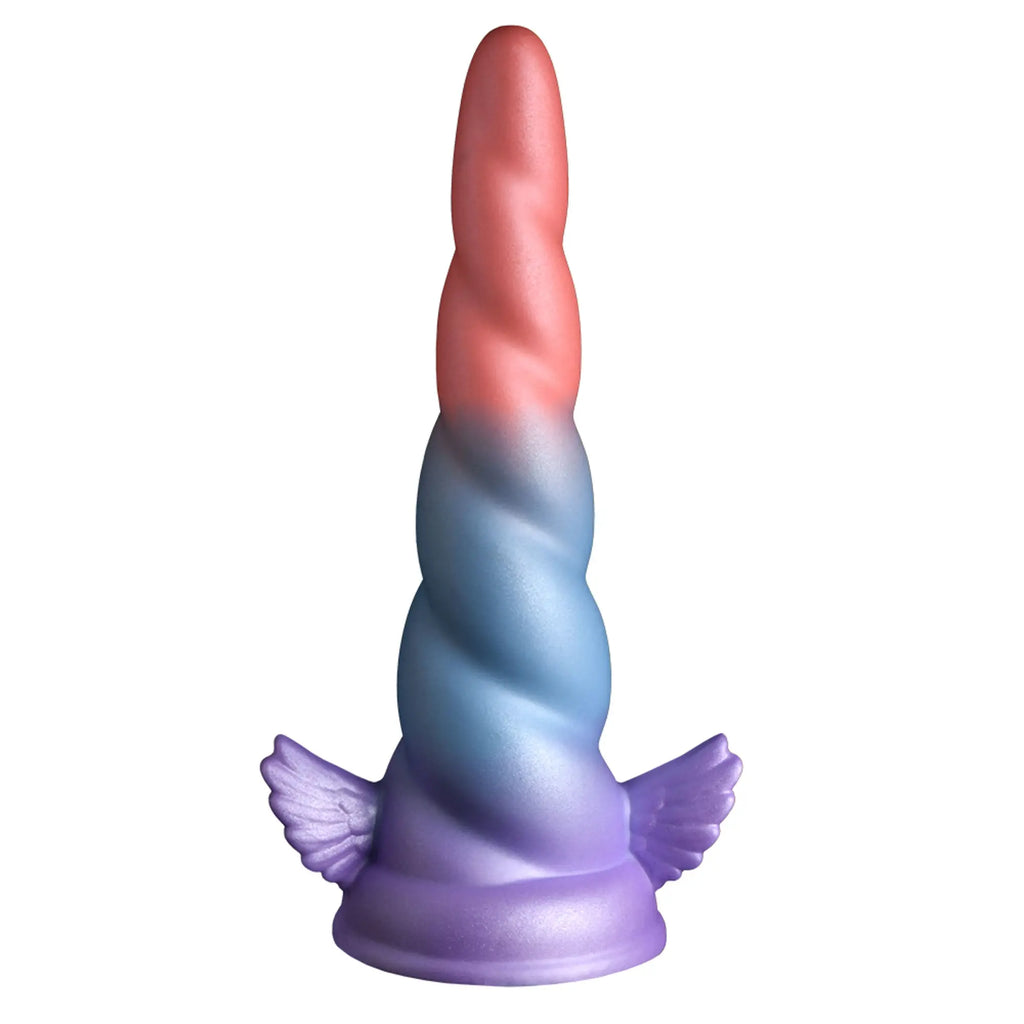 Creature Cocks Dream Rider silicone dildo in a gradient pink, blue, and purple unicorn horn shape with base wings.