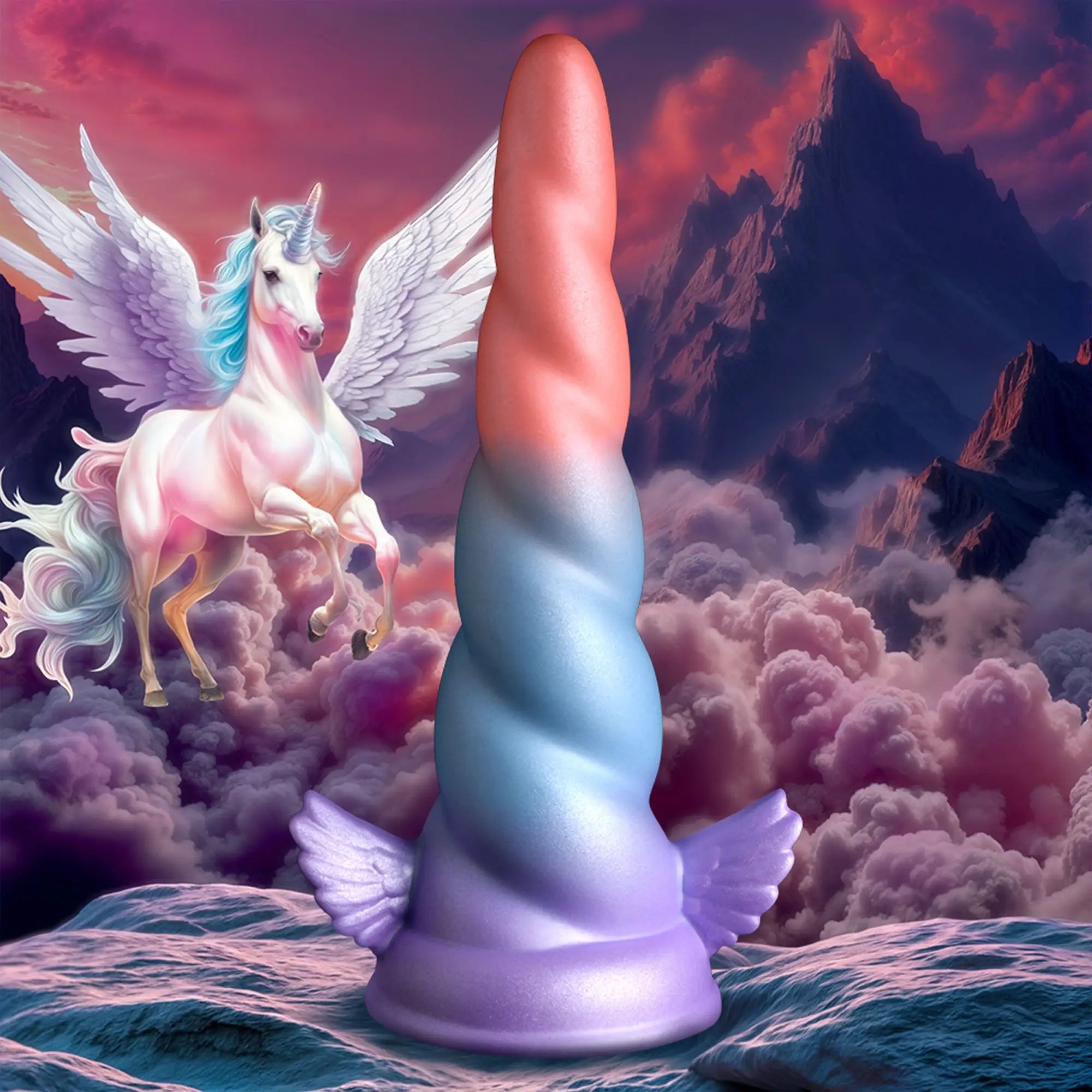 Creature Cocks Dream Rider dildo in a pink-to-purple gradient, spiral horn shape with base wings against a fantasy sky.