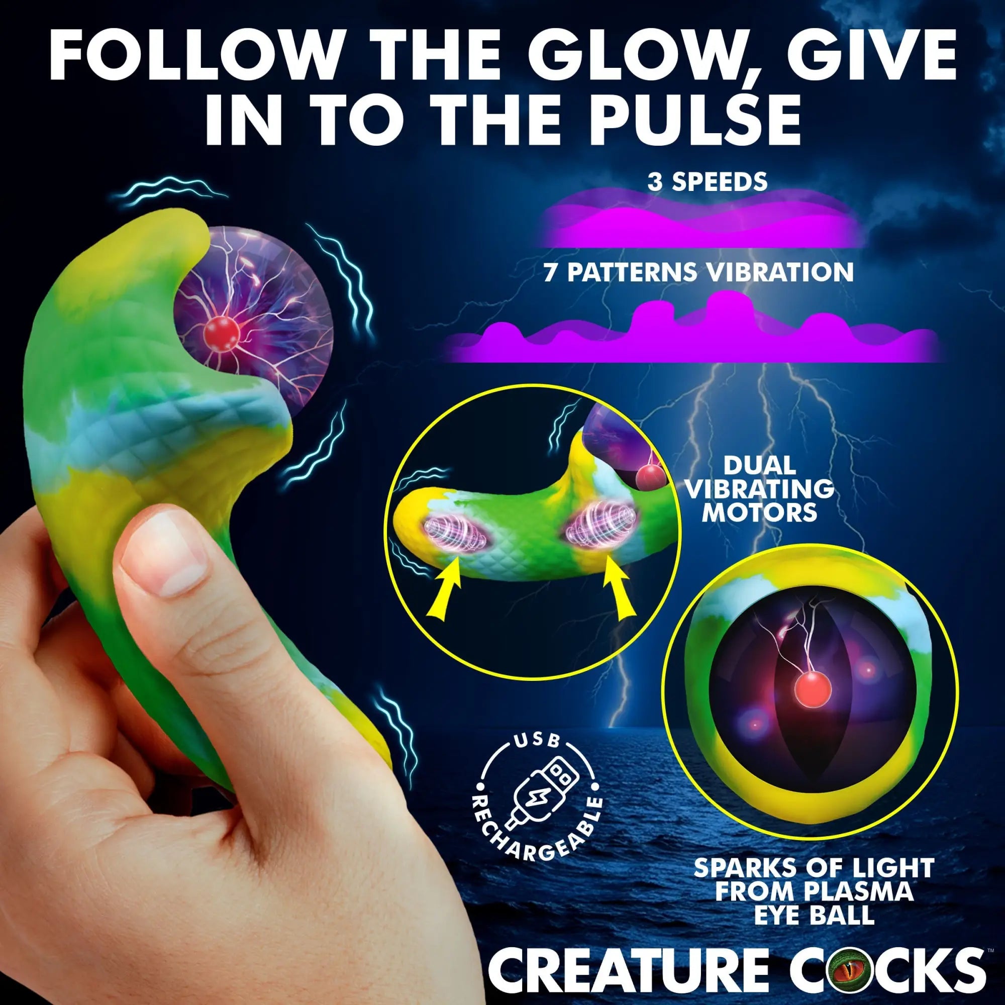Creature Cocks Electric Eye Plasma Vibrator: A green and yellow textured massager with a glowing plasma eye ball.