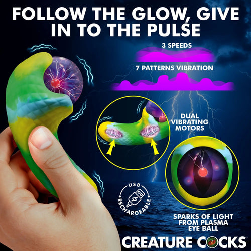 Creature Cocks Electric Eye Plasma Vibrator: A green and yellow textured massager with a glowing plasma eye ball.