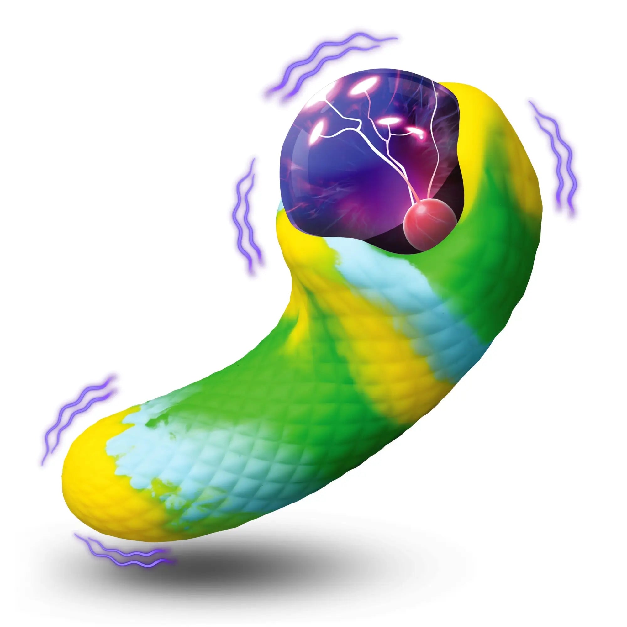Creature Cocks Electric Eye Plasma Vibrator: A textured, yellow-green tie-dye toy with a glowing purple plasma bulb top.
