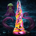 Creature Cocks Enchantress rainbow glass dildo with a spiraled, textured design in front of a kraken in the sea.