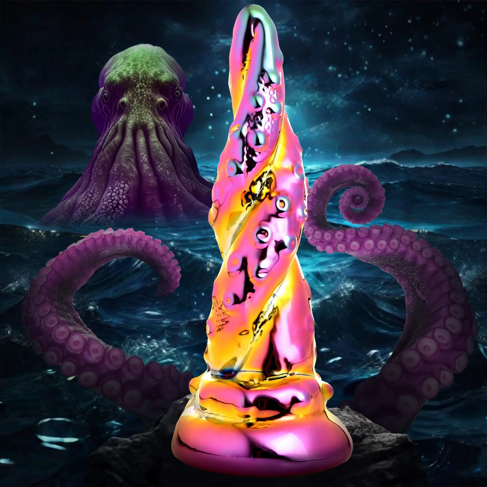 Creature Cocks Enchantress rainbow glass dildo with a spiraled, textured design in front of a kraken in the sea.