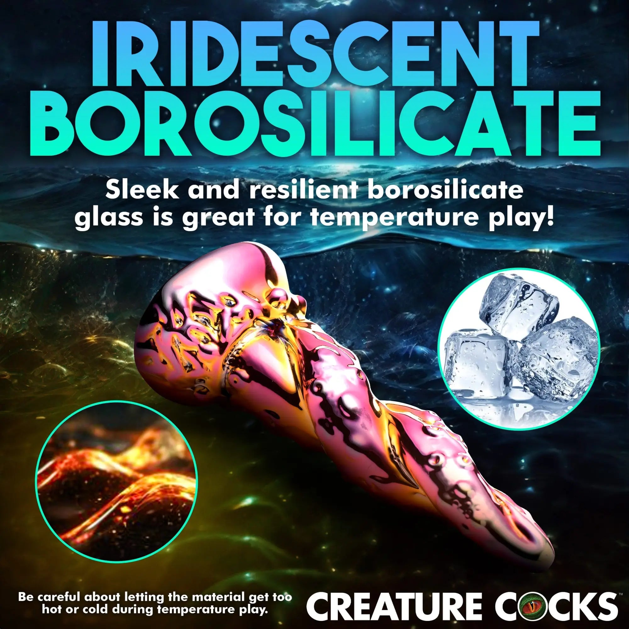 Creature Cocks Enchantress: An iridescent, rainbow-colored borosilicate glass dildo with an organic, textured shape.