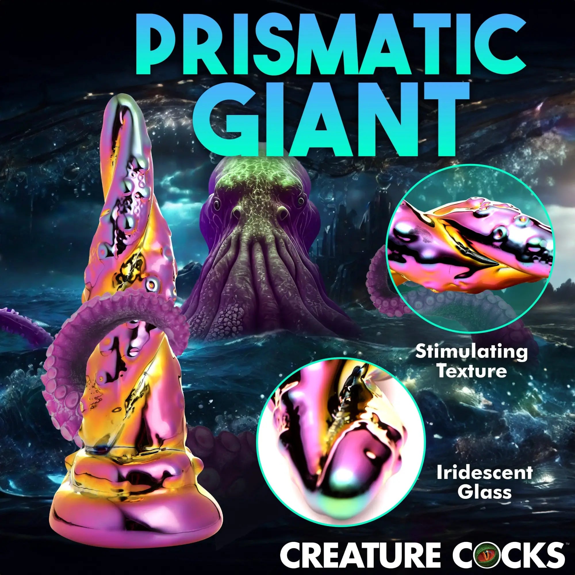 Creature Cocks Enchantress: An iridescent, rainbow glass tentacle dildo with textured details in an oceanic setting.