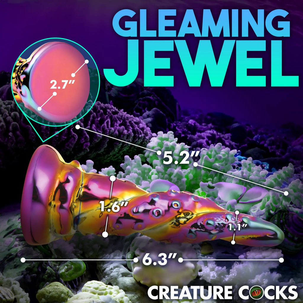 Creature Cocks Enchantress: An iridescent, rainbow-colored, tentacle-style glass dildo with measurement labels.