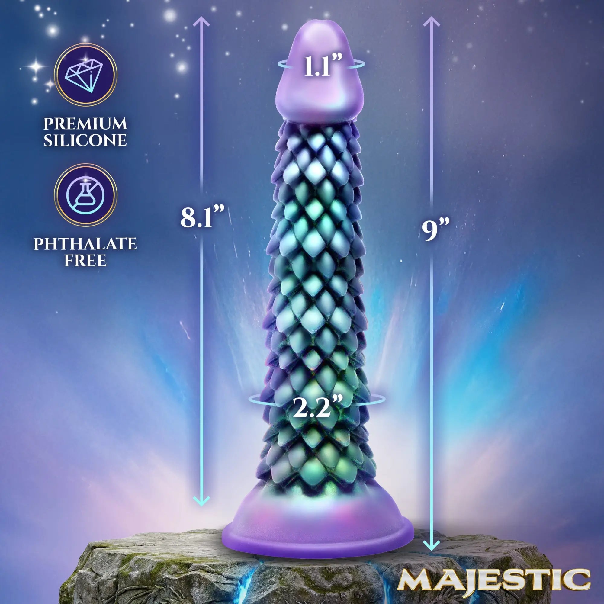 Creature Cocks Eryndor iridescent, dragon-scale textured silicone dildo with dimensions shown against a galaxy background.