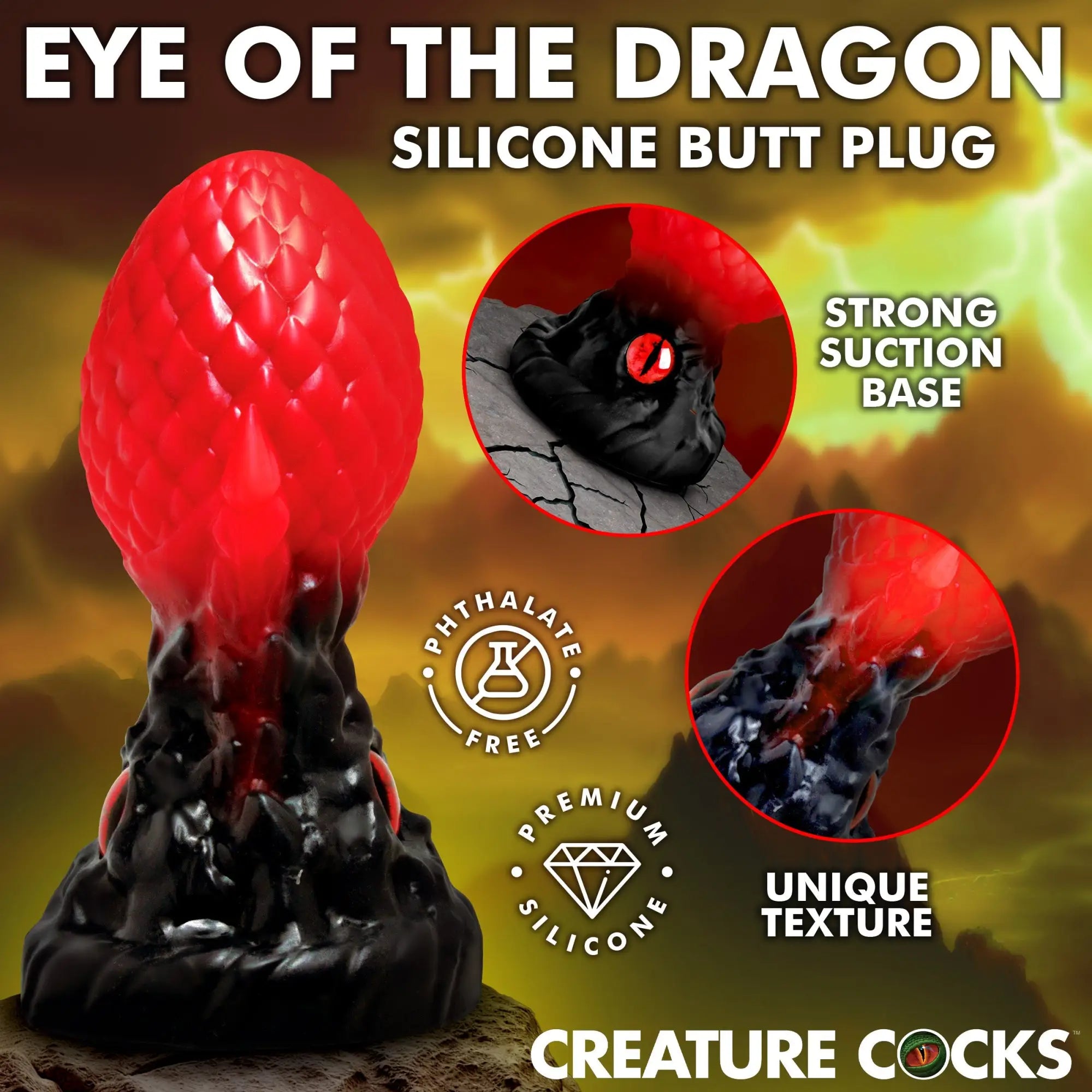 Creature Cocks Eye of the Dragon silicone butt plug with red scaly top, black base, and a reptilian eye detail.