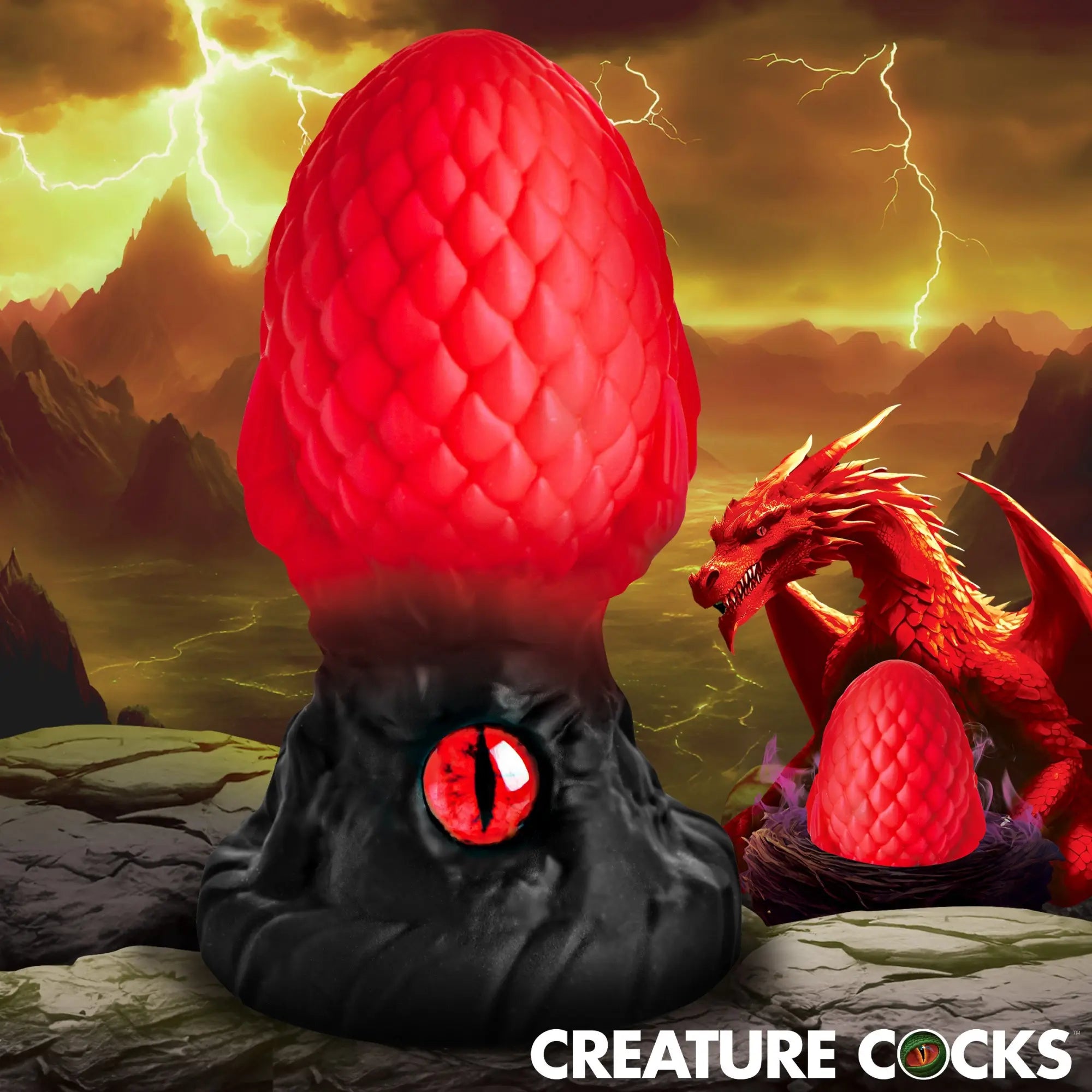 Creature Cocks Eye of the Dragon silicone butt plug with a red scale-textured head, black base, and dragon eye accent.