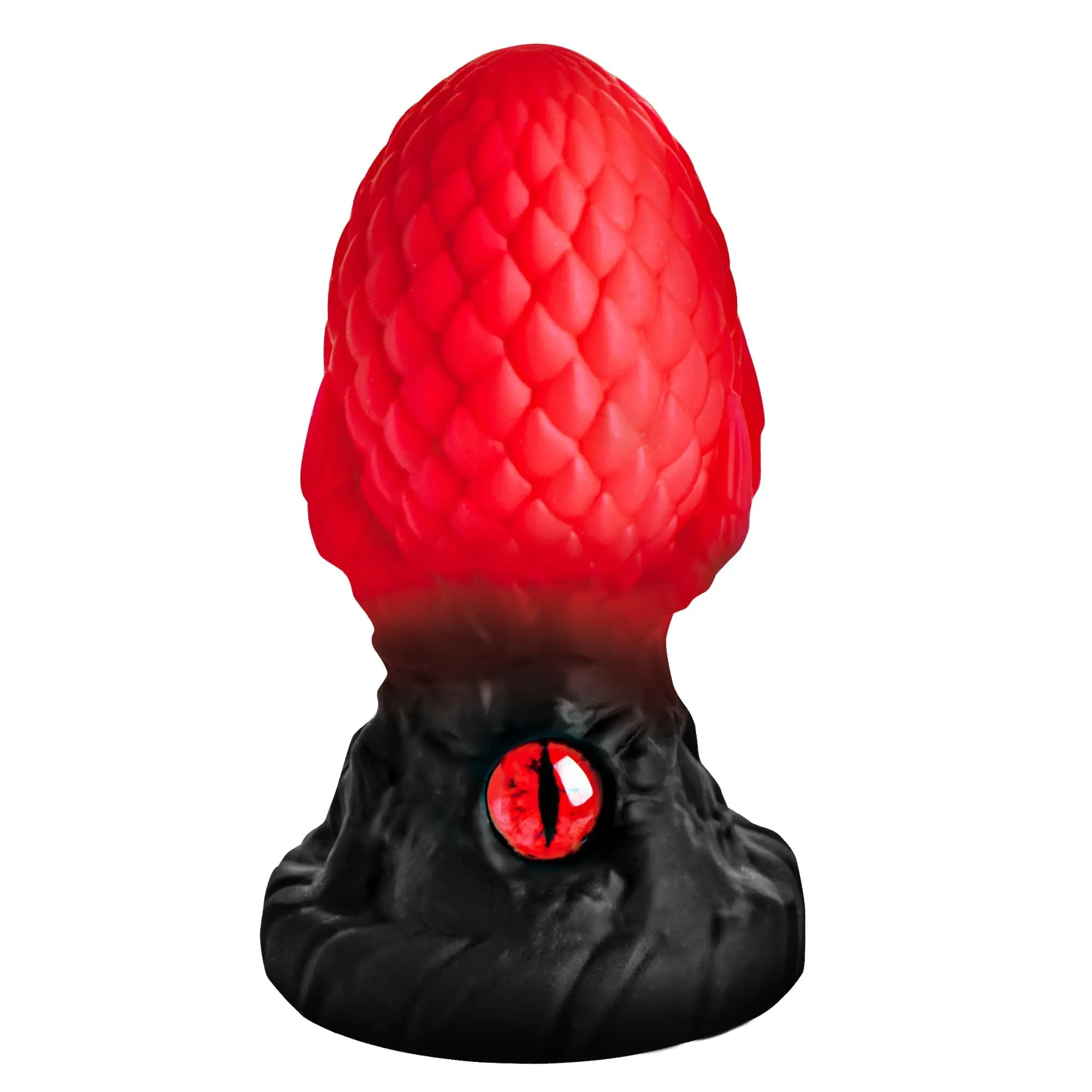 Creature Cocks Eye of the Dragon silicone butt plug: red scale-textured bulb over a black base with a dragon eye inset.