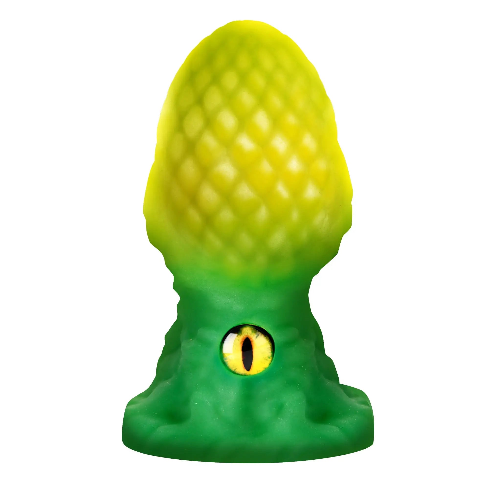 Creature Cocks Eye of the Dragon silicone butt plug with a scale-textured, green-to-yellow gradient, featuring an eye.