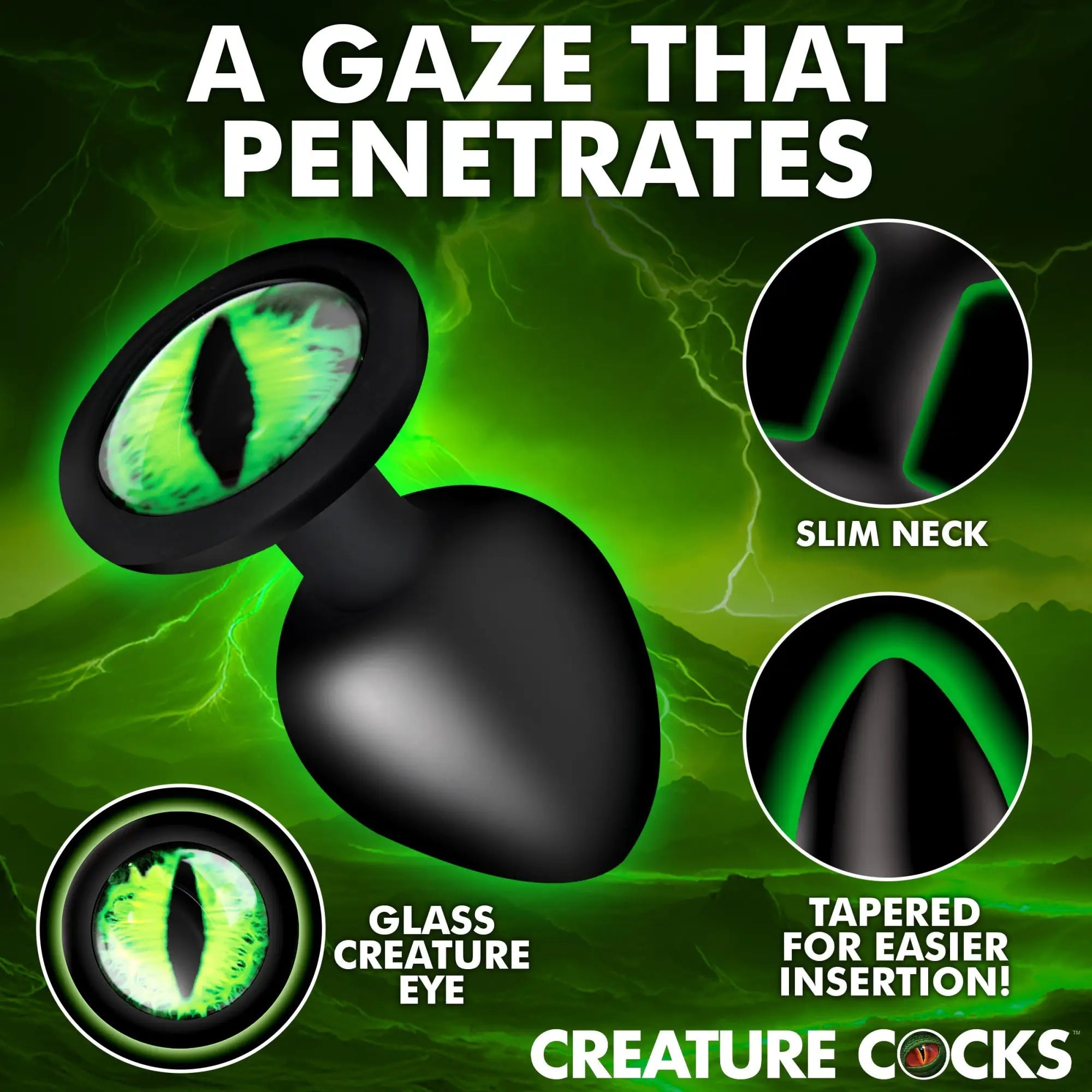 Creature Cocks Creature Eye butt plug with a black tapered silicone base and a realistic green lizard eye glass topper.